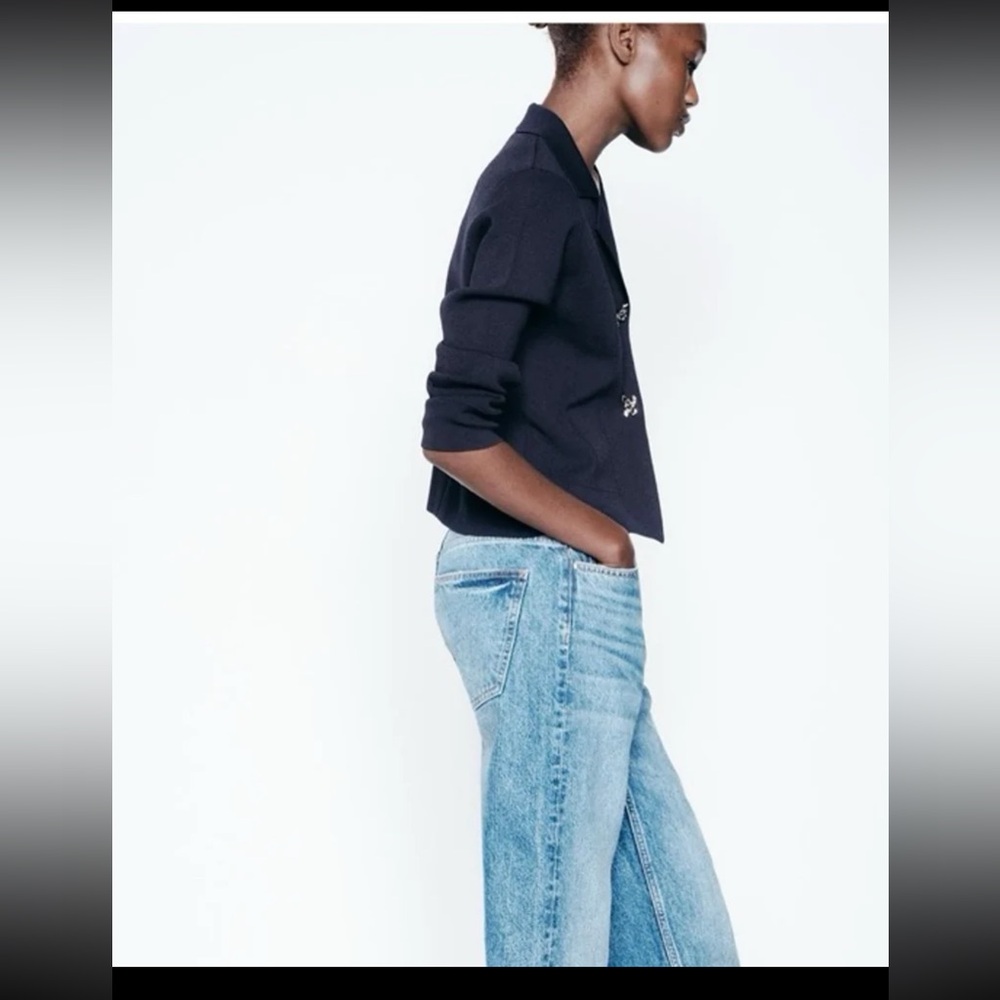 NWT Zara Flower Button Knit Cardigan Blazer Sweater in Navy Blue size Medium - Picture 7 of 12